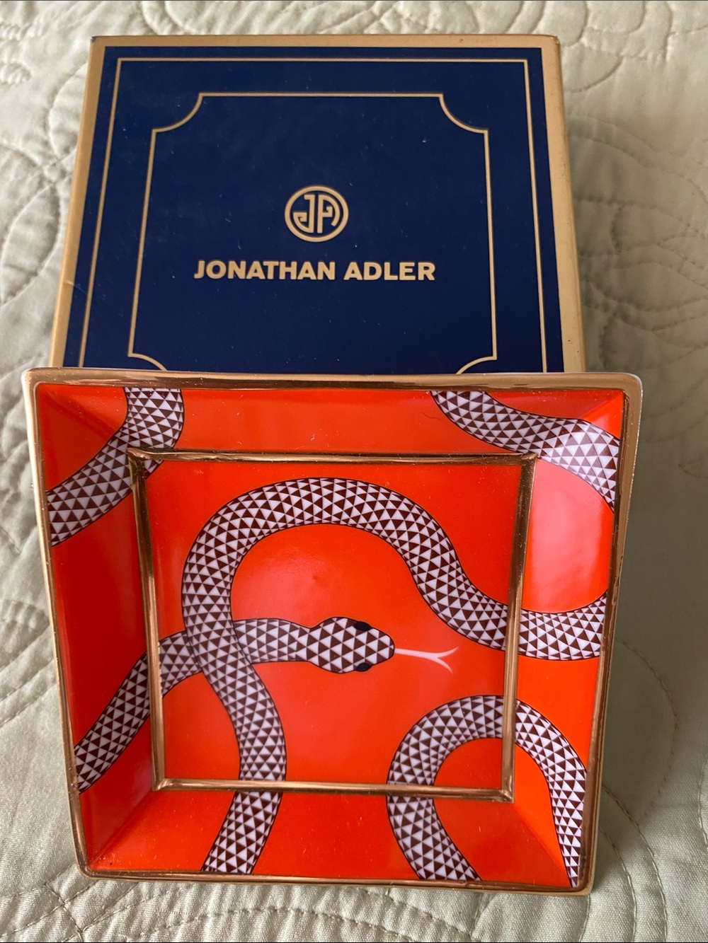 Jonathan Adler Orange porcelain Snake Trinket Tray with Gold Trim